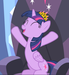 Size: 734x792 | Tagged: safe, screencap, character:twilight sparkle, character:twilight sparkle (alicorn), species:alicorn, species:pony, episode:equestria games, g4, my little pony: friendship is magic, chair, cheering, cropped, crown, eyes closed, hooves in air, jewelry, new crown, open mouth, regalia, sitting, smiling, solo