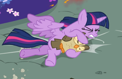 Size: 1079x705 | Tagged: safe, screencap, character:owlowiscious, character:twilight sparkle, character:twilight sparkle (alicorn), species:alicorn, species:pony, episode:twilight's kingdom, g4, my little pony: friendship is magic, crash, cropped, duo, eyes closed, gritted teeth, holding, lying down, spread wings, wings