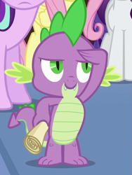 Size: 541x720 | Tagged: safe, screencap, character:fluttershy, character:rarity, character:spike, character:starlight glimmer, species:dragon, species:pegasus, species:pony, species:unicorn, episode:the crystalling, g4, my little pony: friendship is magic, baby, baby dragon, claws, cropped, crystal empire, female, male, mare, offscreen character, salute, scroll, season 6, smiling, tail
