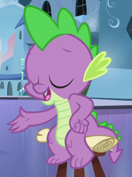 Size: 524x701 | Tagged: safe, screencap, character:spike, species:dragon, episode:the crystalling, g4, my little pony: friendship is magic, baby, baby dragon, claws, eyes closed, male, season 6, smiling, tail