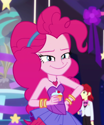Size: 778x934 | Tagged: safe, screencap, character:nolan north, character:pinkie pie, episode:twilight under the stars, g4, my little pony:equestria girls, background human, bare shoulders, bracelet, clothing, cupcake, cute, diapinkes, dress, female, food, hand on hip, heart necklace, jewelry, necklace, nolan north, sleeveless, solo focus, strapless