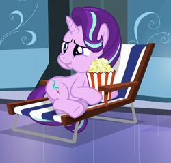 Size: 508x485 | Tagged: safe, screencap, character:starlight glimmer, species:pony, species:unicorn, episode:the crystalling, g4, my little pony: friendship is magic, aweeg*, chair, cropped, female, food, lawn chair, mare, popcorn, puffy cheeks, season 6, solo