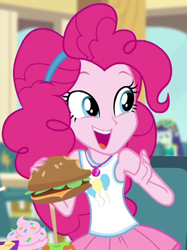 Size: 528x707 | Tagged: safe, screencap, character:blueberry cake, character:pinkie pie, episode:schedule swap, g4, my little pony:equestria girls, background human, blueberry cake, burger, cheeseburger, cropped, cute, diapinkes, food, geode of sugar bombs, hamburger, magical geodes, solo, that human sure does love burgers