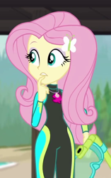 Size: 536x854 | Tagged: safe, screencap, character:fluttershy, episode:unsolved selfie mysteries, g4, my little pony:equestria girls, clothing, cropped, diving suit, geode of fauna, magical geodes, solo, swimsuit, wetsuit