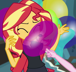 Size: 1143x1076 | Tagged: safe, screencap, character:pinkie pie, character:sunset shimmer, episode:all the world's off stage, g4, my little pony:equestria girls, all the world's off stage: pinkie pie, balloon, clothing, cropped, solo focus