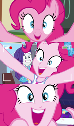 Size: 1366x2304 | Tagged: safe, screencap, character:pinkie pie, character:rarity, episode:best trends forever, episode:make new friends but keep discord, episode:twilight under the stars, g4, my little pony: friendship is magic, my little pony:equestria girls, best trends forever: pinkie pie, breaking the fourth wall, comparison, fourth wall, geode of shielding, geode of sugar bombs, he wants all of the cakes, magical geodes