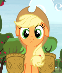 Size: 797x938 | Tagged: safe, screencap, character:applejack, species:earth pony, species:pony, episode:castle sweet castle, g4, my little pony: friendship is magic, :<, apple tree, applejack's hat, basket, clothing, cowboy hat, cropped, cute, female, floppy ears, hat, jackabetes, looking down at you, mare, reaction image, solo, tree