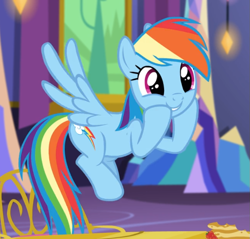 Size: 845x807 | Tagged: safe, screencap, character:rainbow dash, species:pegasus, species:pony, episode:castle sweet castle, g4, my little pony: friendship is magic, cropped, cute, dashabetes, female, flying, hooves on cheeks, mare, smiling, solo