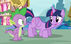 Size: 1126x701 | Tagged: safe, screencap, character:spike, character:twilight sparkle, character:twilight sparkle (alicorn), species:alicorn, species:pony, episode:castle sweet castle, g4, my little pony: friendship is magic, crouching, cute, duo, female, looking at each other, mare, open mouth, out of context, smiling, twiabetes