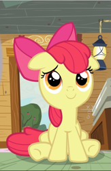 Size: 613x941 | Tagged: safe, screencap, character:apple bloom, species:earth pony, species:pony, episode:bloom and gloom, g4, my little pony: friendship is magic, adorabloom, c:, cropped, cute, female, filly, floppy ears, sitting, smiling, solo