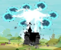Size: 1022x834 | Tagged: safe, screencap, episode:bloom and gloom, g4, my little pony: friendship is magic, destruction, disaster, electricity, lightning, no pony, smoke, swarm, sweet apple acres, twittermite