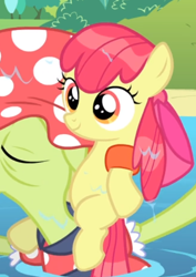 Size: 430x608 | Tagged: safe, screencap, character:apple bloom, character:granny smith, species:earth pony, species:pony, episode:leap of faith, g4, my little pony: friendship is magic, adorabloom, bow, cropped, cute, elderly, female, filly, floatie, hair bow, piggyback ride, smiling, solo focus, wet, wet mane