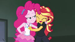 Size: 1920x1080 | Tagged: safe, screencap, character:pinkie pie, character:sunset shimmer, episode:all the world's off stage, g4, my little pony:equestria girls, all the world's off stage: pinkie pie, director shimmer, duo, duo female, eyes closed, female, lidded eyes, open mouth, smiling