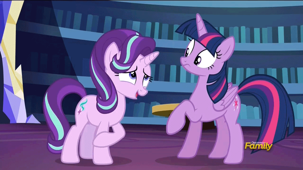 Size: 980x551 | Tagged: safe, screencap, character:starlight glimmer, character:twilight sparkle, character:twilight sparkle (alicorn), species:alicorn, species:pony, species:unicorn, episode:the crystalling, g4, my little pony: friendship is magic, animated, cute, duo, duo female, female, gif, glimmerbetes, grin, looking at each other, mare, open mouth, raised hoof, smiling, twiabetes, twilight's castle