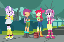 Size: 660x429 | Tagged: safe, screencap, character:apple bloom, character:diamond tiara, character:scootaloo, character:sweetie belle, species:pegasus, species:pony, episode:fomo, g4, my little pony:equestria girls, apple bloom's bow, backpack, book, boots, bow, cellphone, clothing, compression shorts, cutie mark crusaders, ear piercing, earring, eyes closed, female, hair bow, jewelry, pants, phone, piercing, shoes, shorts, skirt, smartphone, smiling