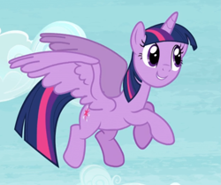 Size: 807x674 | Tagged: safe, screencap, character:twilight sparkle, character:twilight sparkle (alicorn), species:alicorn, species:pony, episode:tanks for the memories, g4, my little pony: friendship is magic, cropped, cute, flying, smiling, solo, spread wings, twiabetes, wings