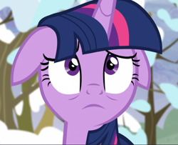Size: 1155x939 | Tagged: safe, screencap, character:twilight sparkle, character:twilight sparkle (alicorn), species:alicorn, species:pony, episode:tanks for the memories, g4, my little pony: friendship is magic, close-up, cropped, floppy ears, looking up, scared, solo