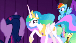 Size: 1920x1080 | Tagged: safe, screencap, character:applejack, character:fluttershy, character:princess celestia, character:rainbow dash, character:starlight glimmer, character:twilight sparkle, character:twilight sparkle (alicorn), species:alicorn, species:pony, episode:horse play, g4, my little pony: friendship is magic, animated, cosplay, costume, female, gotcha, hilarious in hindsight, shylestia, sound, webm