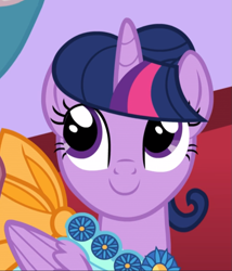 Size: 739x864 | Tagged: safe, screencap, character:twilight sparkle, character:twilight sparkle (alicorn), species:alicorn, species:pony, episode:make new friends but keep discord, g4, my little pony: friendship is magic, alternate hairstyle, clothing, cropped, cute, dress, folded wings, gala dress, hair bun, looking up, smiling, solo focus, twiabetes, wings