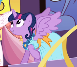 Size: 616x534 | Tagged: safe, screencap, character:princess celestia, character:twilight sparkle, character:twilight sparkle (alicorn), species:alicorn, species:pony, episode:make new friends but keep discord, g4, my little pony: friendship is magic, alternate hairstyle, clothing, cropped, dress, gala dress, looking up, offscreen character, raised hoof, solo focus, spread wings, wings