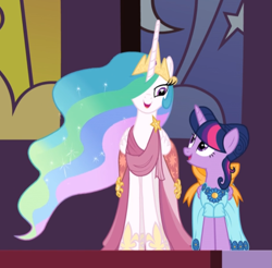 Size: 807x793 | Tagged: safe, screencap, character:princess celestia, character:twilight sparkle, character:twilight sparkle (alicorn), species:alicorn, species:pony, episode:make new friends but keep discord, g4, my little pony: friendship is magic, alternate hairstyle, clothing, cropped, dress, duo, female, gala dress, gown, looking at each other, mare, open mouth, smiling