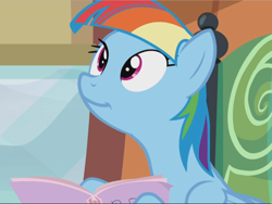 Size: 1250x940 | Tagged: safe, screencap, character:rainbow dash, species:pegasus, species:pony, episode:the lost treasure of griffonstone, g4, my little pony: friendship is magic, alternate hairstyle, book, cropped, female, holding, mane swap, manebow sparkle, mare, smiling, solo