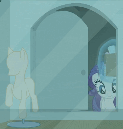 Size: 416x437 | Tagged: safe, screencap, character:rarity, species:pony, species:unicorn, episode:the saddle row review, g4, my little pony: friendship is magic, animated, beautiful, cute, door, female, gif, glowing horn, levitation, magic, magic aura, manehattan, mannequin, mare, rarity for you, saddle row, solo, telekinesis, window