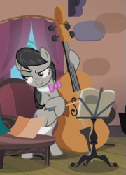 Size: 525x729 | Tagged: safe, screencap, character:octavia melody, species:pony, episode:slice of life, g4, my little pony: friendship is magic, bipedal, cello, confident, cropped, female, mare, musical instrument, playing instrument, raised eyebrow, smiling, smirk, smug, solo