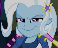 Size: 1314x1077 | Tagged: safe, screencap, character:adagio dazzle, character:aria blaze, character:trixie, equestria girls:rainbow rocks, g4, my little pony:equestria girls, adorabolical, cropped, cute, diatrixes, evil grin, female, grin, looking at you, offscreen character, smiling, solo focus