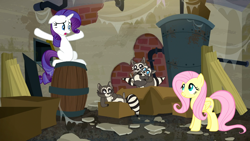 Size: 1920x1080 | Tagged: safe, screencap, character:fluttershy, character:rarity, species:pony, episode:the saddle row review, g4, my little pony: friendship is magic, baby, barrel, box, cardboard box, disturbed, family, father, father and son, female, floppy ears, like father like son, like mother like son, male, mare, messy, mother, mother and son, raccoon, regular show, rigby, smiling, smoky, smoky jr., softpad, son