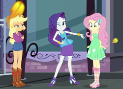 Size: 1480x1079 | Tagged: safe, screencap, character:applejack, character:fluttershy, character:rarity, episode:street chic, g4, my little pony:equestria girls, autumn leaves, bare shoulders, boots, bracelet, clothing, cowboy boots, cropped, feet, fluttercold, geode of fauna, geode of shielding, geode of super strength, high heels, jewelry, legs, magical geodes, one eye closed, sandals, shoes, shorts, skirt, sleeveless, smiling, strapless, summer dress, wink