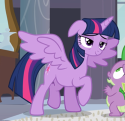 Size: 727x705 | Tagged: safe, screencap, character:spike, character:twilight sparkle, character:twilight sparkle (alicorn), species:alicorn, species:pony, episode:princess spike, g4, my little pony: friendship is magic, cropped, exhausted, lidded eyes, raised hoof, smiling, solo focus, spread wings, wings