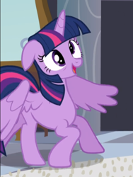 Size: 522x695 | Tagged: safe, screencap, character:twilight sparkle, character:twilight sparkle (alicorn), species:alicorn, species:pony, episode:princess spike, g4, my little pony: friendship is magic, cropped, cute, derp, floppy ears, open mouth, smiling, solo, spread wings, tired, twiabetes, wings