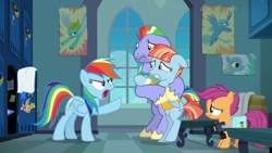 Size: 1280x720 | Tagged: safe, screencap, character:bow hothoof, character:rainbow dash, character:scootaloo, character:windy whistles, species:pegasus, species:pony, episode:parental glideance, g4, my little pony: friendship is magic, angry, beard, bipedal, camera, clothing, facial hair, father and child, father and daughter, female, filly, floppy ears, foal, folded wings, freckles, frown, furious, hug, husband and wife, locker room, male, mare, mohawk, mother and child, mother and daughter, multicolored hair, rainbow dash is not amused, rant, sad, scared, shocked, sin of wrath, stallion, tearjerker, unamused, window, wow, yelling