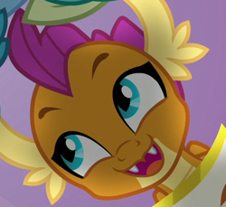 Size: 413x378 | Tagged: safe, screencap, character:smolder, species:dragon, episode:friendship university, g4, my little pony: friendship is magic, cropped, cute, dragoness, fangs, female, happy, smiling, smolderbetes, solo focus