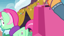 Size: 1920x1080 | Tagged: safe, screencap, character:applejack, character:minty bubblegum, species:pony, episode:best gift ever, g4, my little pony: friendship is magic, :i, bag, christmas, christmas lights, clothing, cutie mark, faec, female, hearth's warming lights, holiday, looking back, mare, offscreen character, plot, present, scarf