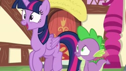 Size: 928x522 | Tagged: safe, screencap, character:spike, character:twilight sparkle, character:twilight sparkle (alicorn), species:alicorn, species:pony, episode:p.p.o.v. (pony point of view), g4, my little pony: friendship is magic, excited, happy