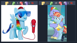 Size: 449x249 | Tagged: safe, screencap, character:bow hothoof, character:rainbow dash, character:windy whistles, species:pegasus, species:pony, derpibooru, episode:parental glideance, g4, my little pony: friendship is magic, my little pony: the movie (2017), cutie mark, female, glasses, husband and wife, juxtaposition, male, merchandise, meta, simple background, smiling, toy, white background, wings