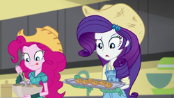 Size: 1920x1080 | Tagged: safe, screencap, character:pinkie pie, character:rarity, equestria girls:dance magic, g4, my little pony:equestria girls, apple fritter (food), baking, baking sheet, bowl, clothing, cowboy hat, discovery family logo, egg beater, food, hat, imagine spot, mixer, mixing bowl, oven mitts, overalls, rarihick, surprised, tongue out