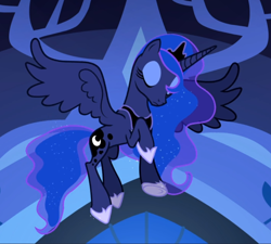 Size: 922x830 | Tagged: safe, screencap, character:princess luna, species:alicorn, species:pony, episode:do princesses dream of magic sheep?, cropped, crown, eyes closed, female, flying, hoof shoes, jewelry, mare, peytral, regalia, solo, spread wings, wings