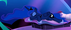 Size: 1485x634 | Tagged: safe, screencap, character:princess luna, species:pony, episode:do princesses dream of magic sheep?, bed, cropped, ethereal mane, eyes closed, female, hoof shoes, jewelry, mare, peytral, prone, regalia, sleeping, smiling, solo
