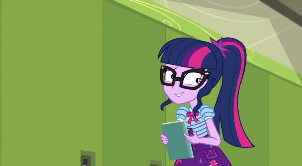Size: 1000x550 | Tagged: safe, screencap, character:pinkie pie, character:twilight sparkle, character:twilight sparkle (scitwi), species:eqg human, episode:stressed in show, g4, my little pony:equestria girls, animated, book, canterlot high, cute, geode of sugar bombs, geode of telekinesis, gif, glasses, hallway, lockers, magical geodes, out of fucking nowhere, phew, pinkie being pinkie, ponytail, startled, stressed in show: pinkie pie