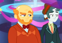 Size: 495x345 | Tagged: safe, screencap, character:scott green, episode:twilight under the stars, g4, my little pony:equestria girls, background human, bald, beard, bow tie, clothing, cropped, facial hair, hat, male, male pattern baldness, scott green, suit, thick coat