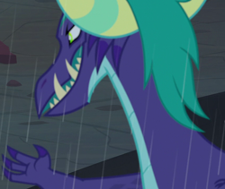 Size: 854x720 | Tagged: safe, screencap, character:gaius, species:dragon, episode:the hearth's warming club, g4, my little pony: friendship is magic, cropped, green eyes, male, open mouth, rain, raised claw