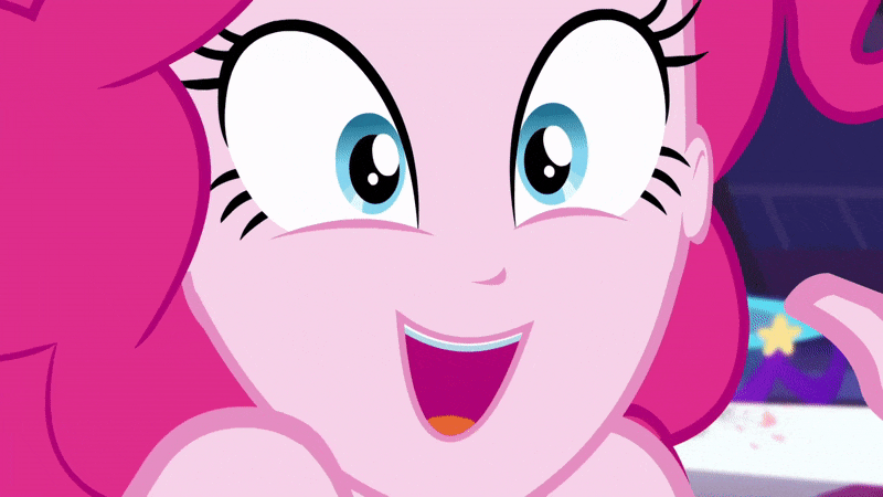 Size: 800x450 | Tagged: safe, screencap, character:pinkie pie, episode:twilight under the stars, g4, my little pony:equestria girls, animated, bare shoulders, breaking the fourth wall, close-up, face, fourth wall, smiley face, smiling