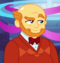 Size: 199x208 | Tagged: safe, screencap, episode:twilight under the stars, g4, my little pony:equestria girls, background human, bald, beard, bow tie, cropped, facial hair, male, male pattern baldness, raised eyebrow, solo, thick coat