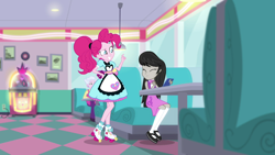Size: 1920x1080 | Tagged: safe, screencap, character:octavia melody, character:pinkie pie, episode:five stars, g4, my little pony:equestria girls, background human, cellphone, female, food, happy, phone, photo, pie, ponytail, server pinkie pie