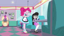 Size: 1920x1080 | Tagged: safe, screencap, character:octavia melody, character:pinkie pie, episode:five stars, g4, my little pony:equestria girls, background human, cellphone, female, food, phone, pie, ponytail, server pinkie pie