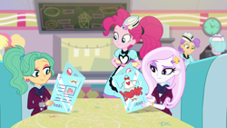 Size: 1920x1080 | Tagged: safe, screencap, character:derpy hooves, character:fleur-de-lis, character:pinkie pie, episode:five stars, g4, my little pony:equestria girls, clothing, crystal prep academy uniform, female, garden grove, menu, ponytail, school uniform, server pinkie pie, smiling, sunny sugarsocks, tip top, when she smiles