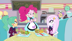 Size: 1920x1080 | Tagged: safe, screencap, character:derpy hooves, character:fleur-de-lis, character:pinkie pie, episode:five stars, g4, my little pony:equestria girls, cellphone, clothing, crystal prep academy uniform, female, food, french fries, garden grove, phone, ponytail, salad, sandwich, school uniform, server pinkie pie, smiling, sunny sugarsocks, tip top